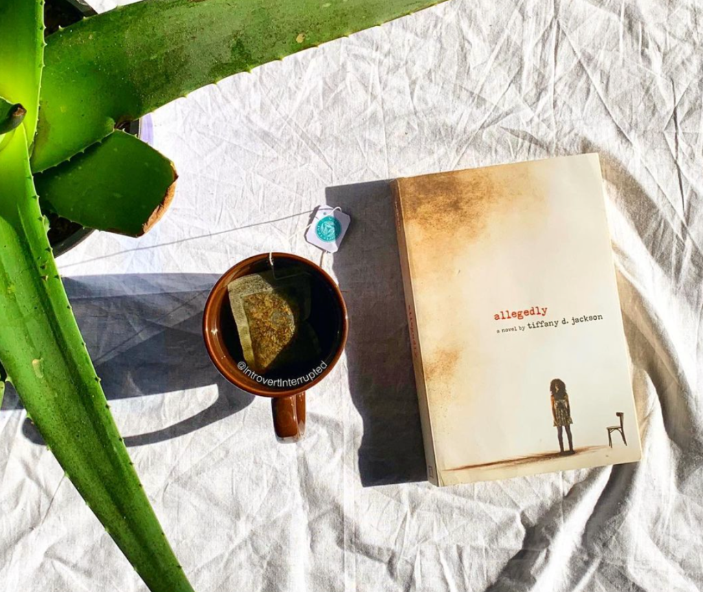 A paperback copy of "Allegedly" by Tiffany D. Jackson sitting between an aloe vera plant and a cup of tea.

Photo Taken by @Introvert Interrupted