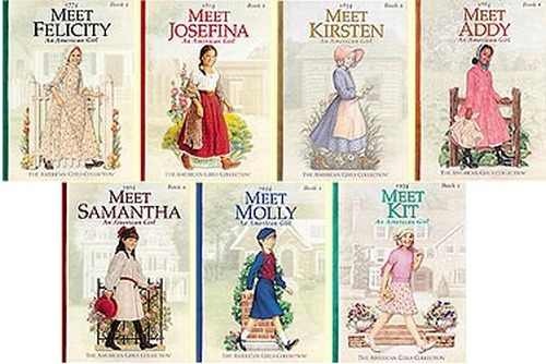 Photo of the first book in each of the Pleasant Company's "American Girls" book series collection.

From left to right the American Girl books in the photo are: Meet Felecity, Meet Josefina, Meet Kirsten, Meet Addy, Meet Samantha, Meet Molly, and Meet Kit

In each book cover, the respective girl is walking forward while wearing their traditional outfits for their time period